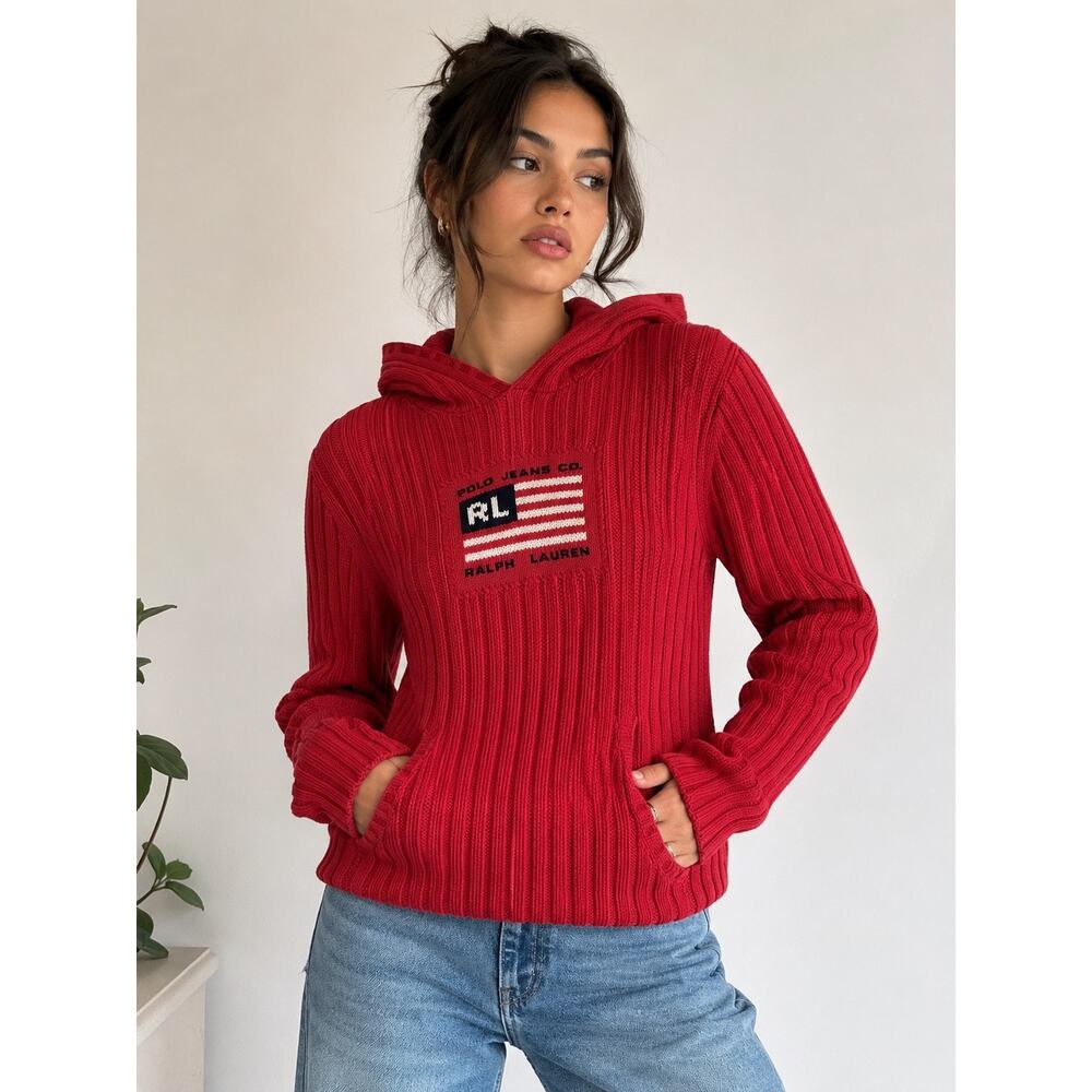 Vintage 90s Polo Jeans Co Ralph Lauren Flag Knit Hoodie Sweater L